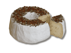 KI generiert: Das Bild zeigt ein Stück weißen Käse, das auf einer schwarzen Schieferplatte in vier Portionen geschnitten ist, daneben ist eine verpackte, identische Käserolle abgebildet.