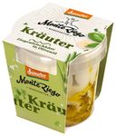 KI generiert: Auf dem Bild befindet sich eine durchsichtige Plastikverpackung mit Ziegenfrischkäse, der mit Kräutern und rosa Pfefferkörnern verfeinert ist. Das Etikett trägt die Aufschrift "ZiegenFRISCHKÄSE" der Marke Biovela.