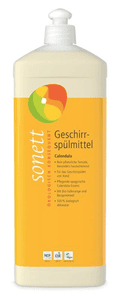 KI generiert: Das Bild zeigt eine Flasche Geschirrspülmittel der Marke Sonett mit Calendula-Extrakt. Die Verpackung hebt hervor, dass das Produkt 100% biologisch abbaubar und aus pflanzlichen Tensiden hergestellt ist.