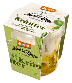 KI generiert: Auf dem Bild befindet sich eine durchsichtige Plastikverpackung mit Ziegenfrischkäse, der mit Kräutern und rosa Pfefferkörnern verfeinert ist. Das Etikett trägt die Aufschrift "ZiegenFRISCHKÄSE" der Marke Biovela.