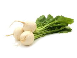 KI generiert: Das Bild zeigt einen violetten Kohlrabi mit grünen Blättern. Der Kohlrabi liegt auf einem weißen Hintergrund.
