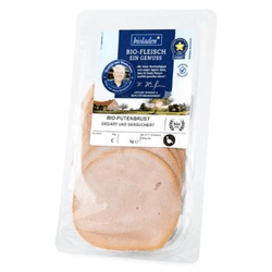 KI generiert: Das Bild zeigt eine Packung Bio-Jagdwurst von Chiemgauer Naturfleisch. Die Wurst ist als 100% biologisch und ohne Nitritpökelsalz gekennzeichnet.