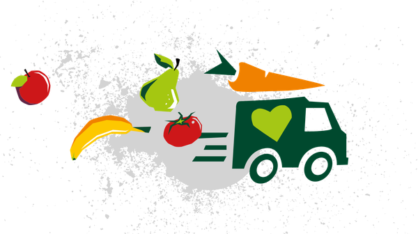 KI generiert: Ein Lieferwagen mit Herzsymbol, umgeben von Obst und Gemüse.