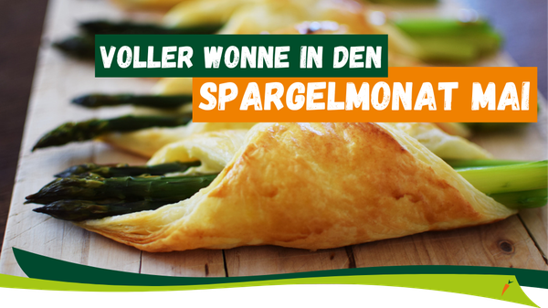 KI generiert: Spargel in Blätterteig mit Text: "VOLLER WONNE IN DEN SPARGELMONAT MAI".
