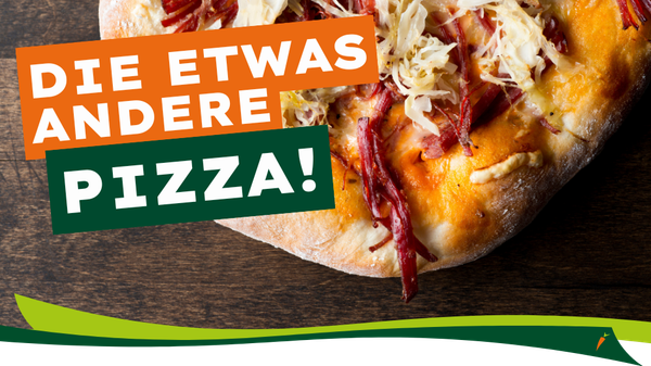KI generiert: Pizza mit ungewöhnlichem Belag, Text: "DIE ETWAS ANDERE PIZZA!"
