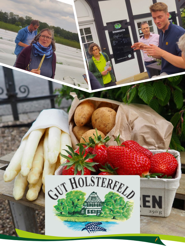 KI generiert: Das Bild zeigt frische Lebensmittel (Spargel, Kartoffeln, Erdbeeren) und Menschen bei Gut Holsterfeld. Text: "Gut Holsterfeld".