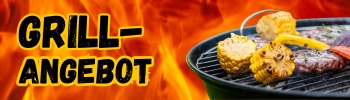 KI generiert: Grill mit Maiskolben und Gemüse auf Feuerhintergrund. Text: "GRILL-ANGEBOT".