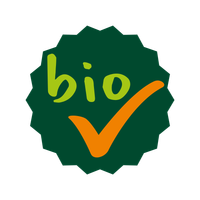 KI generiert: Grünes Bio-Logo mit orangem Häkchen. Text: "bio".