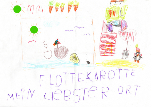 KI generiert: Kindliche Zeichnung mit Sonnen, Karotten, Boot und Häusern. Text: "FLOTTEKAROTTE MEIN LIEBSTER ORT".