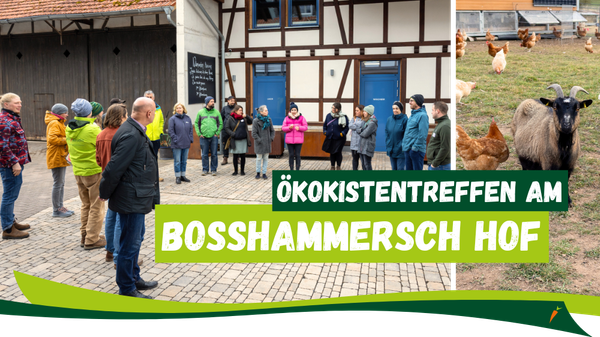 KI generiert: Gruppe von Personen im Freien, Text: "Ökokistentreffen am Bosshammersch Hof".
