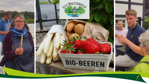 KI generiert: Personen auf einem Hof, frisches Obst und Gemüse, "Gut Holsterfeld BIO-BEEREN" Text sichtbar.