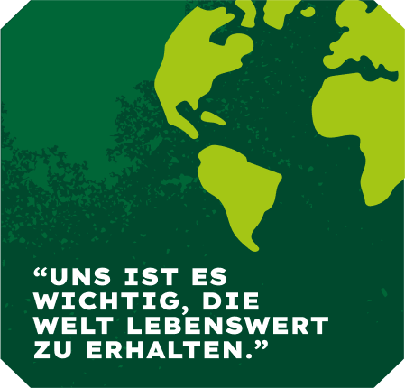 KI generiert: Ein grüner Globus mit Text: "Uns ist es wichtig, die Welt lebenswert zu erhalten."