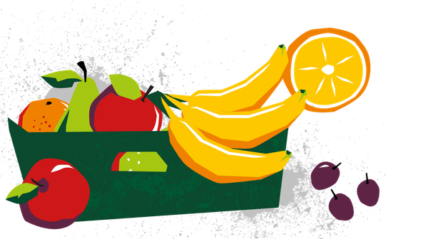 KI generiert: Illustration eines Obstkorbs mit Bananen, Äpfeln, Birne, Zitrusfrucht und Trauben.