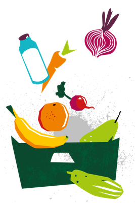 KI generiert: Illustration von Obst und Gemüse in und um eine grüne Kiste.