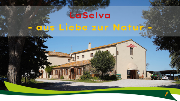 KI generiert: Ein Bauernhof mit dem Text: "LaSelva - aus Liebe zur Natur -".