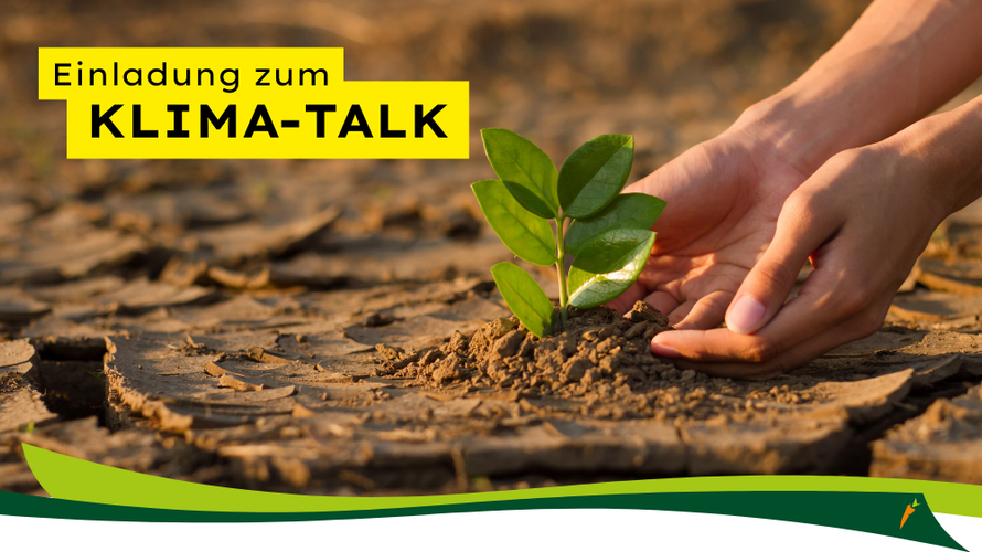 KI generiert: Hände pflanzen Setzling auf trockenem Boden. Text: "Einladung zum KLIMA-TALK".