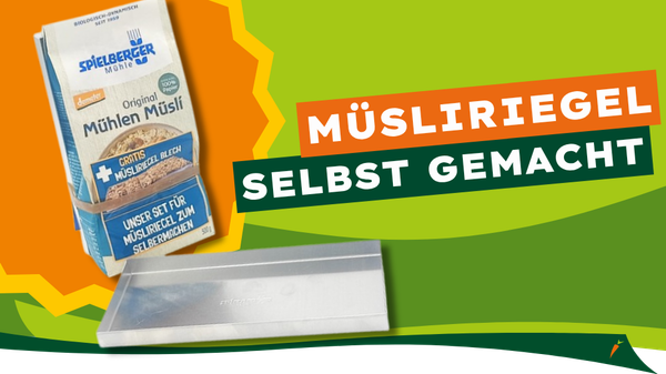 KI generiert: Müsli-Set und Blech zum Selbstmachen von Müsliriegeln. Text: "MÜSLIRIEGEL SELBST GEMACHT".
