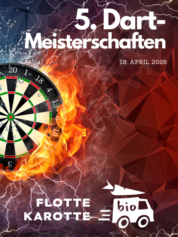 KI generiert: Dartscheibe in Flammen und Wasser, Text: "5. Dart-Meisterschaften, 18. April 2026, Flotte Karotte".