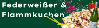 KI generiert: Hauptinhalt: Federweißer & Flammkuchen. Text: "Federweißer & Flammkuchen".