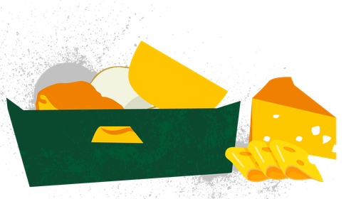 KI generiert: Zeichnung einer grünen Box mit verschiedenen Käsesorten.