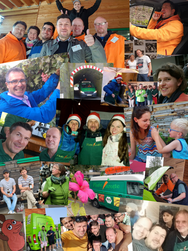 KI generiert: Collage von glücklichen Menschen in verschiedenen Situationen. Text: "Pritte Karotte" auf einem grünen Fahrzeug.