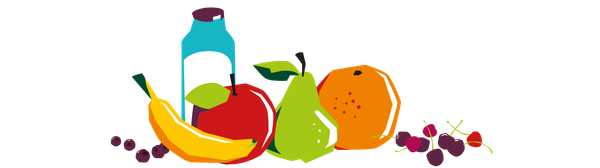 KI generiert: Illustration mit einer Flasche und Früchten: Banane, Apfel, Birne, Orange und Trauben.