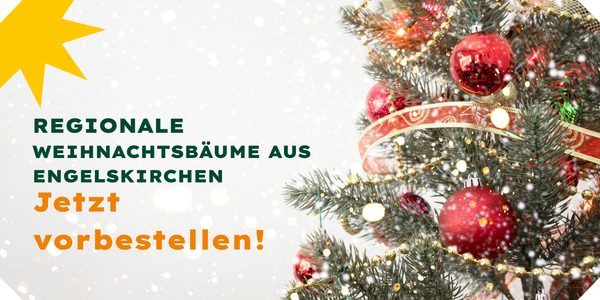 KI generiert: Ein dekorierter Weihnachtsbaum mit dem Text: "Regionale Weihnachtsbäume aus Engelskirchen. Jetzt vorbestellen!"