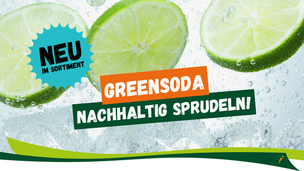 KI generiert: Bild mit sprudelndem Wasser und Limettenscheiben: "NEU IM SORTIMENT GREENSODA NACHHALTIG SPRUDELN!"