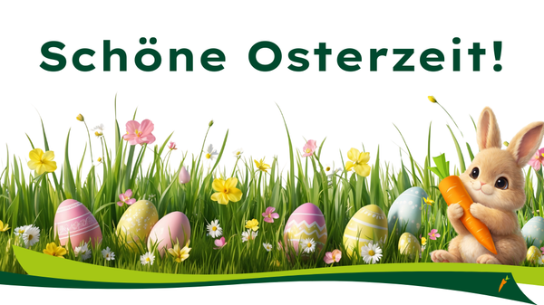 KI generiert: Bunte Ostereier und ein Hase mit Karotte im Gras. Text: "Schöne Osterzeit!"