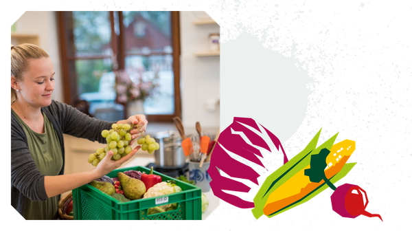 KI generiert: Eine Frau betrachtet Trauben in einer Gemüse-Kiste, daneben bunte Gemüse-Illustrationen.