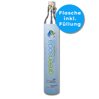 KI generiert: CO2-Zylinder von greensoda, "100% biogenes CO2", für 63 Liter. Text: "Flasche inkl. Füllung".