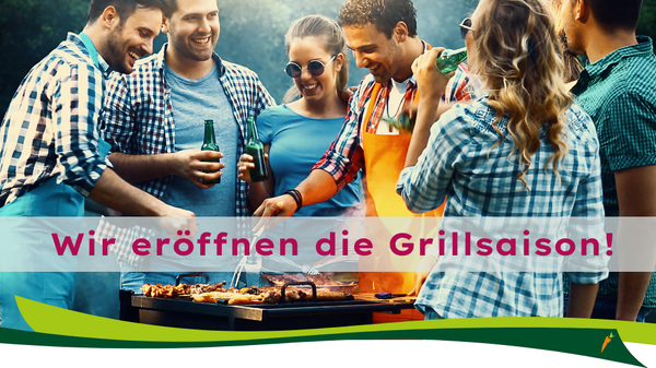 KI generiert: Gruppe von Menschen grillt im Freien. Text: "Wir eröffnen die Grillsaison!"