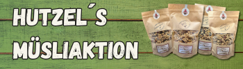KI generiert: Hauptinhalt: Werbung für Müslipackungen. Text: "HUTZEL´S MÜSLIAKTION".