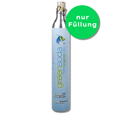 KI generiert: CO2-Zylinder von "greensoda" vor weißem Hintergrund. Text: "nur Füllung", "100% biogenes CO2", "greensoda Premium".