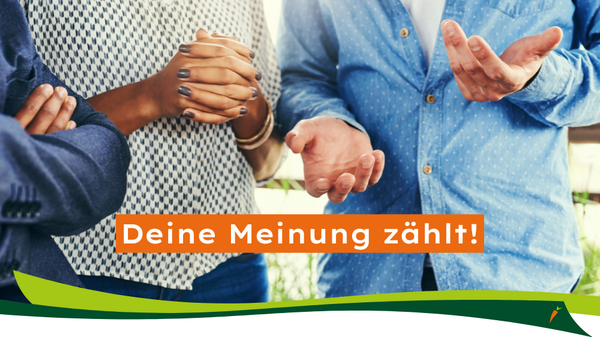 KI generiert: Personen in Diskussion, Text: "Deine Meinung zählt!"