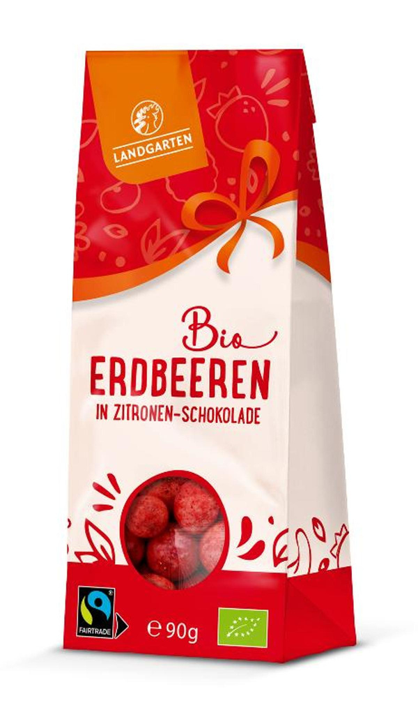 Produktfoto zu Erdbeeren in weißer Zitronen Beeren Schokolade von Landgarten