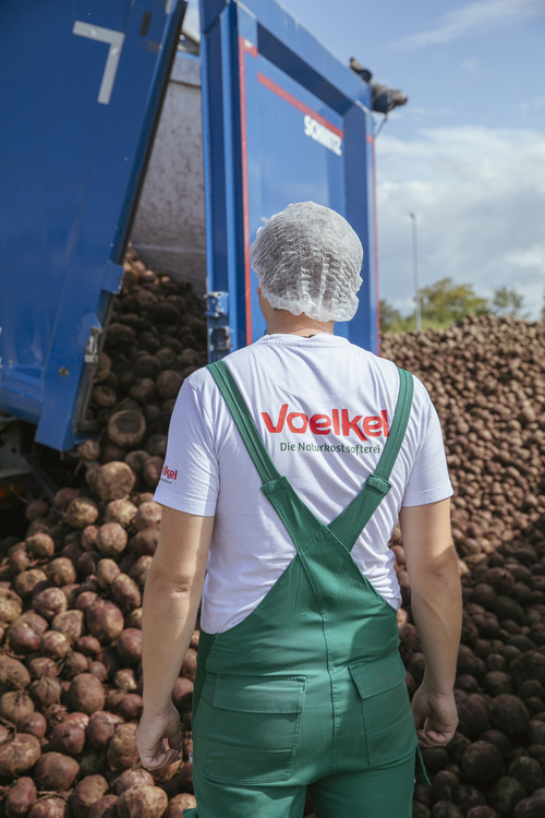 KI generiert: Person in grüner Latzhose vor LKW voller Rüben. Text: "Voelkel Die Naturkostsafterei".