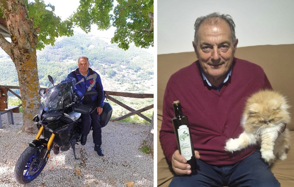 KI generiert: Links eine Person mit Motorrad vor Landschaft, rechts eine Person mit Flasche und Katze.