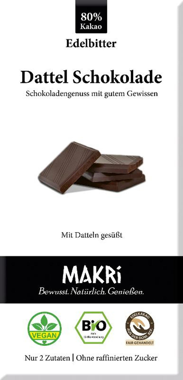 Produktfoto zu Dattel Schokolade Edelbitter von Makri