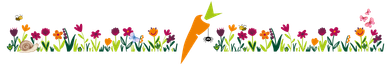KI generiert: Bunte Blumenreihe mit Karotte in der Mitte, Biene links, Schnecke unten und Pilz rechts.