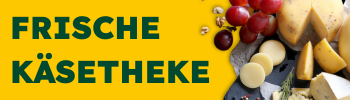 KI generiert: Käseplatte mit Trauben und Nüssen. Text: "FRISCHE KÄSETHEKE".