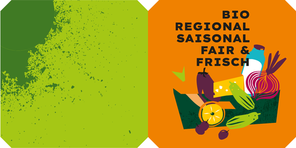 KI generiert: Illustration von frischem Gemüse in einer Box. Text: "BIO REGIONAL SAISONAL FAIR & FRISCH".