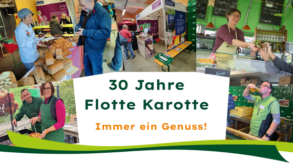 KI generiert: Collage von Marktszenen, Text: "30 Jahre Flotte Karotte - Immer ein Genuss!"