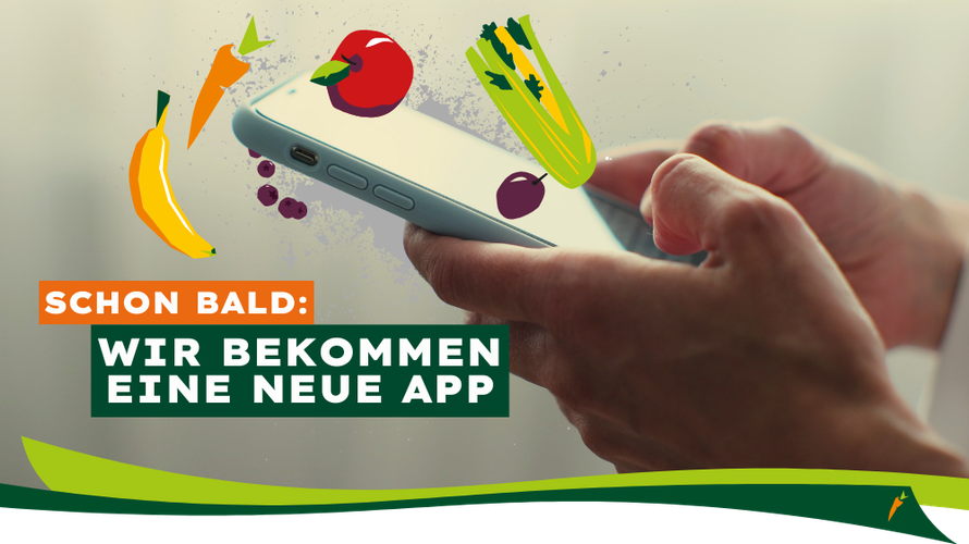 KI generiert: Person hält Smartphone, umgeben von Obst und Gemüse mit Text: "SCHON BALD: WIR BEKOMMEN EINE NEUE APP".