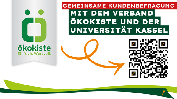 KI-generierte Beschreibung: Das Bild informiert über eine gemeinsame Kundenbefragung von Ökokiste und Universität Kassel.
