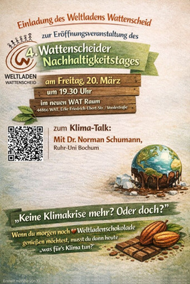 KI generiert: Einladung zum 4. Wattenscheider Nachhaltigkeitstag mit Klima-Talk am 20. März.