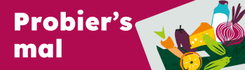 KI generiert: Illustration mit Lebensmitteln und dem Text "Probier's mal".