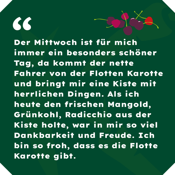 KI generiert: Text auf grünem Hintergrund mit Kirschen: "Der Mittwoch ist für mich immer..."