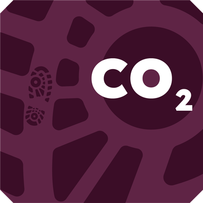 KI generiert: Lila Grafik mit Fußabdrücken und dem Text "CO₂".