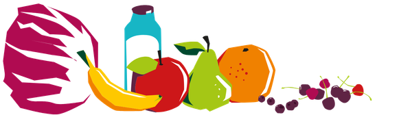 KI generiert: Darstellung von Obst, Gemüse und einer Milchflasche in bunten Farben.